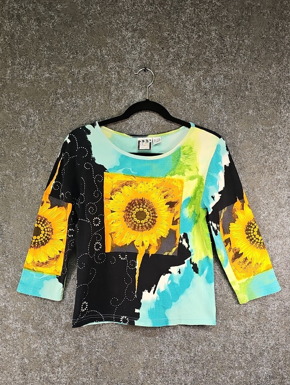 Take Two Clothing Co Sunflower Print Sequin Tee, ¾ Sleeve, Size M, Abstract Art